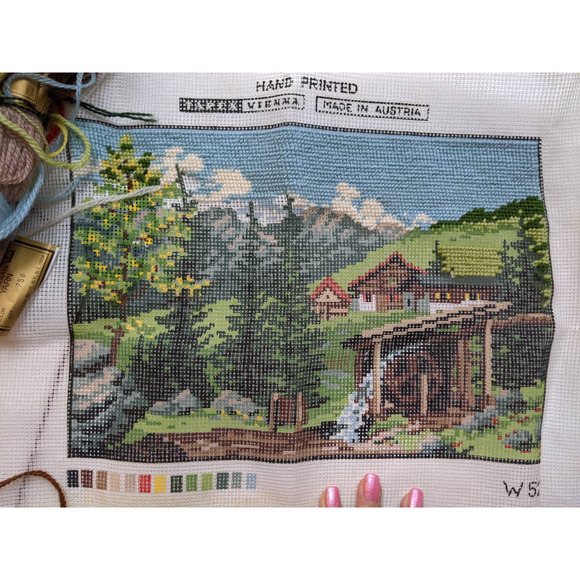 Vintage Tapex Vienna Canvas Needlepoint Kit Swiss Alps Cottage Forest Scene - Picture 10 of 10